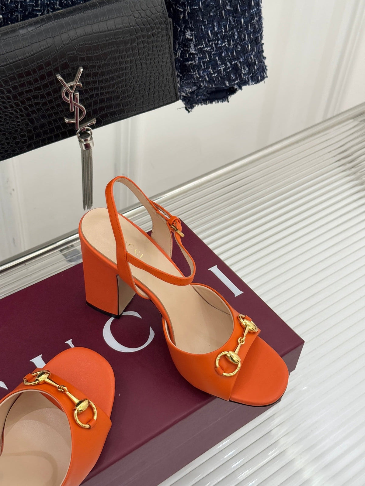 GG 26WF Chunky Heel Sandals 5cm Orange Sheepskin 632554