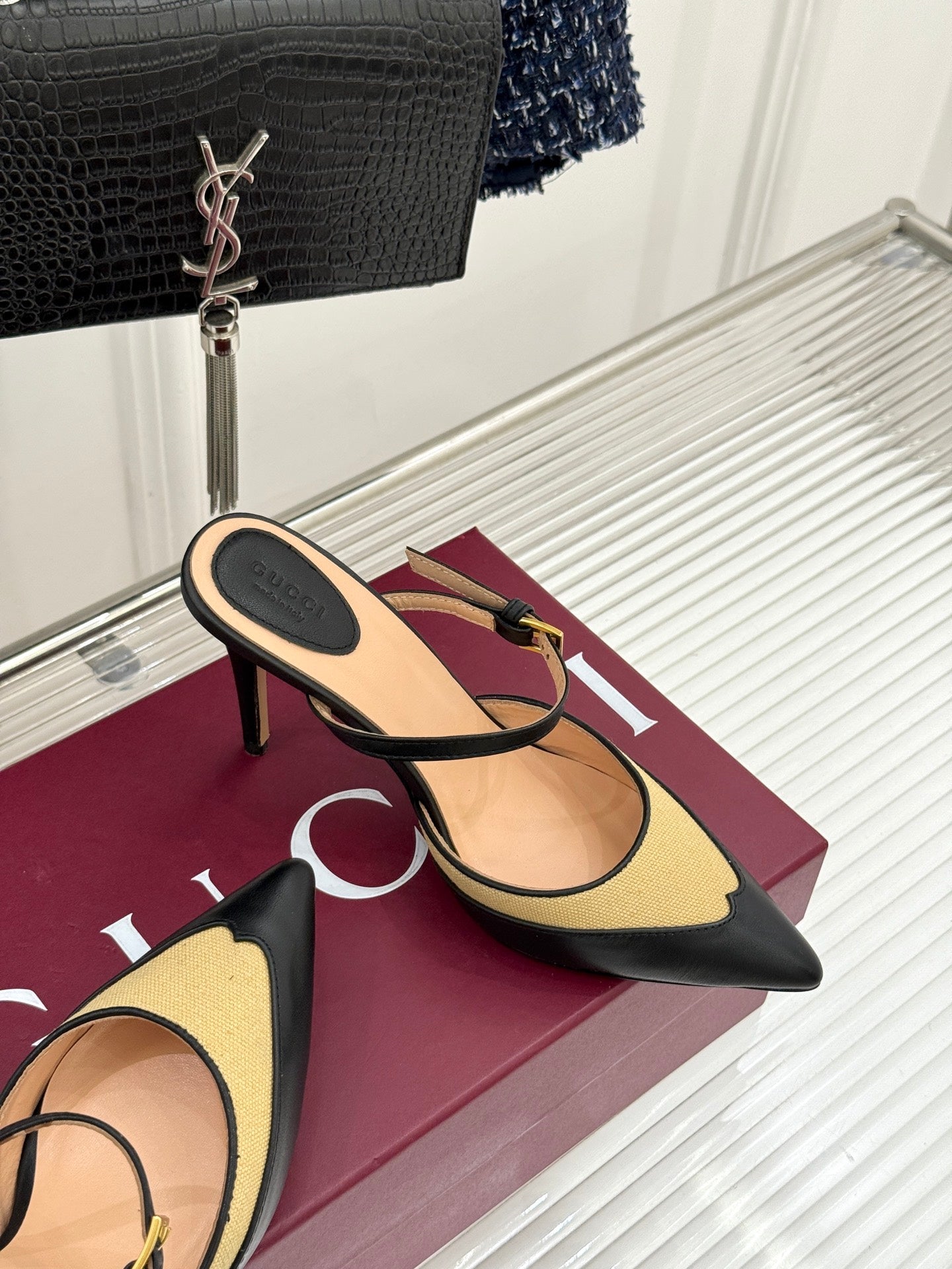 GG 26WF Mules 9.5cm Black Beige Leather Canvas 886166