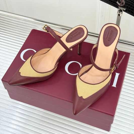 GG 26WF Mules 9.5cm Wine Red Beige Leather Canvas 886168