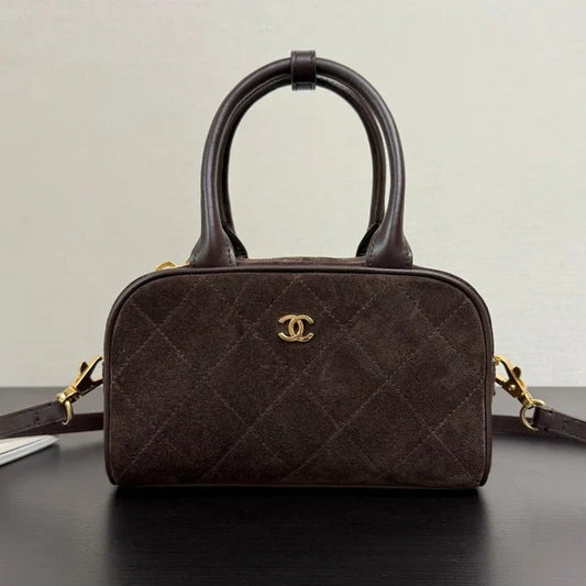 Chanel 2026 Pouch With Leather Strap 21cm Dark Brown Suede