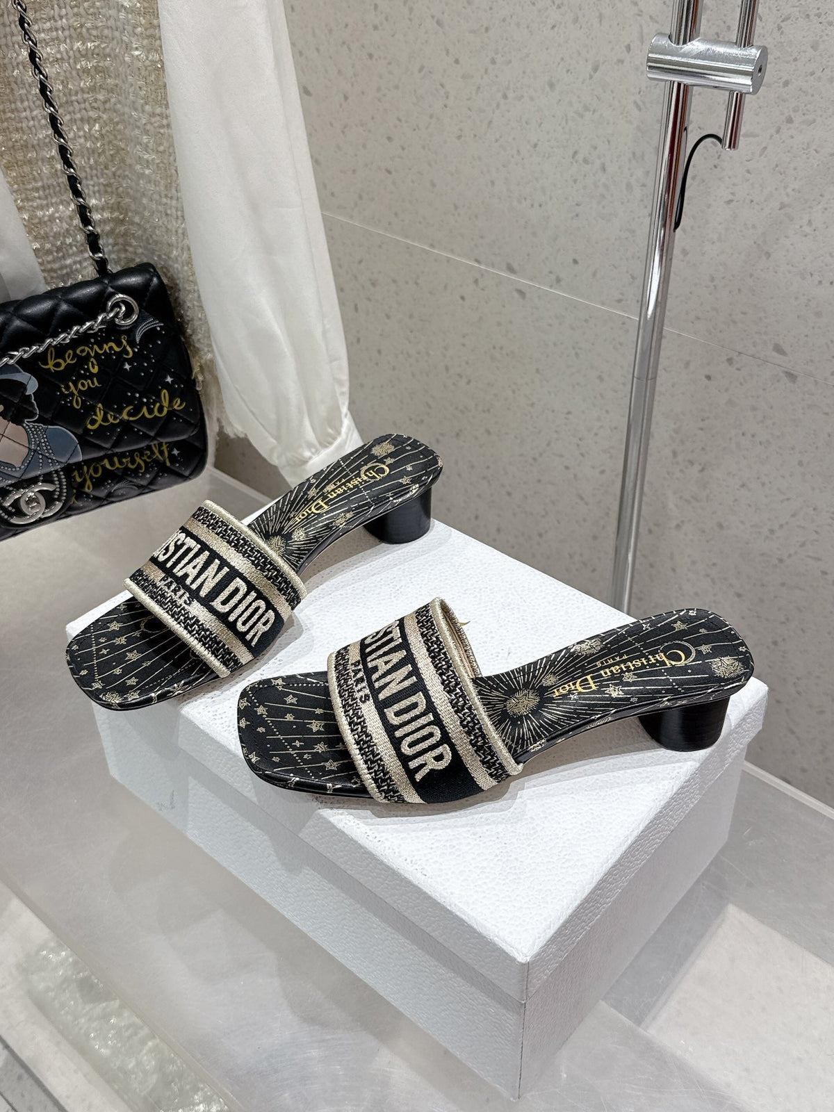 CD 26s Embroidered Flat Slippers Black Gold Canvas Leather 636395