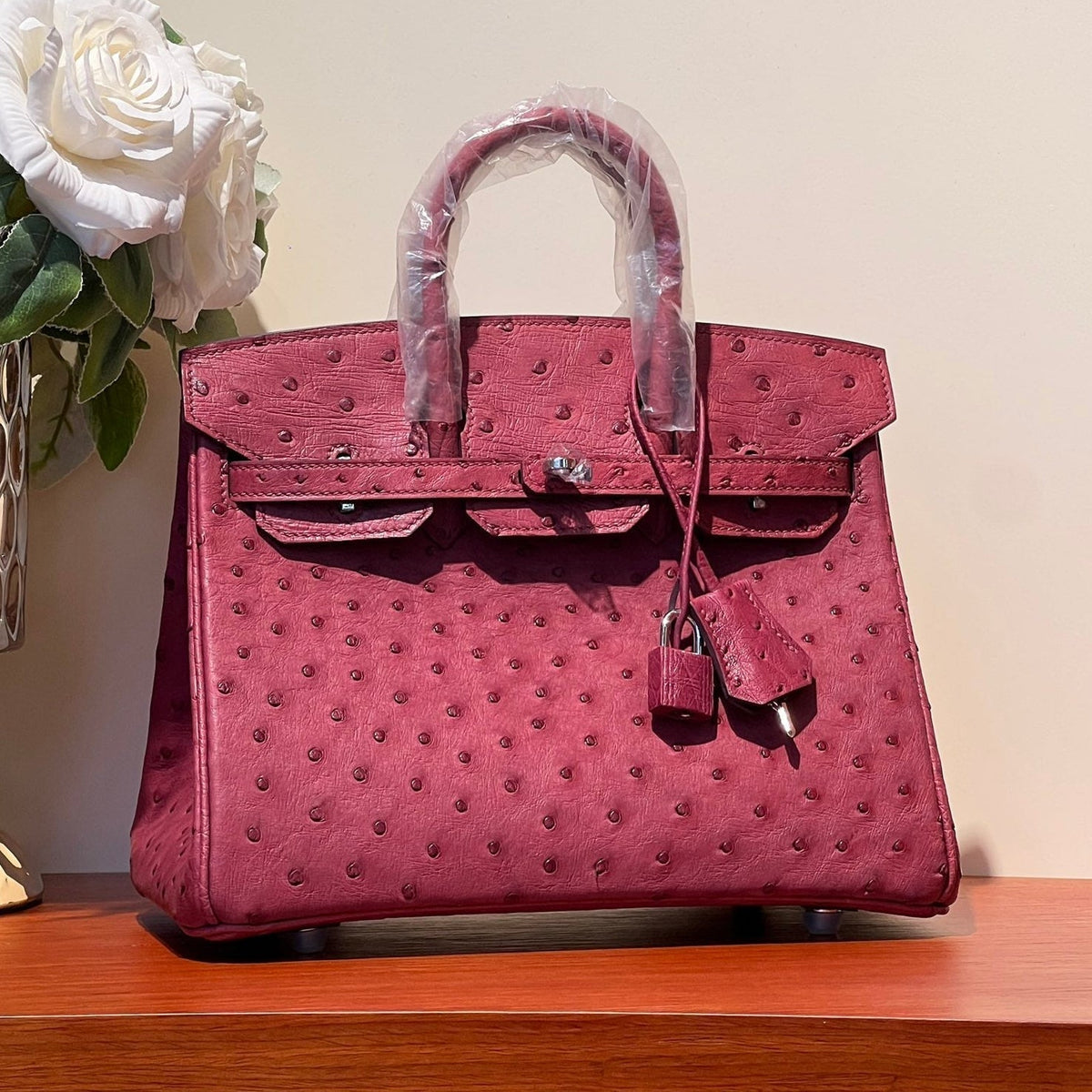 KELLY SELLIER 25 BAG IN CURRANT RED OSTRICH LEATHER WITH SILVER HARDWARE (MADE - TO - ODER)