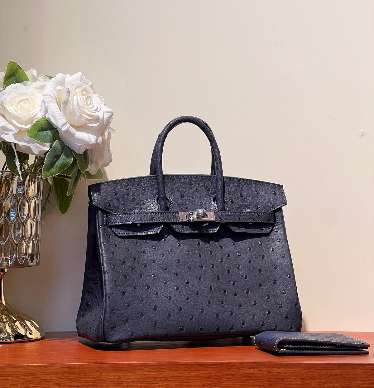KELLY SELLIER 25 BAG IN SPACE BLUE OSTRICH LEATHER WITH SILVER HARDWARE (MADE - TO - ODER)