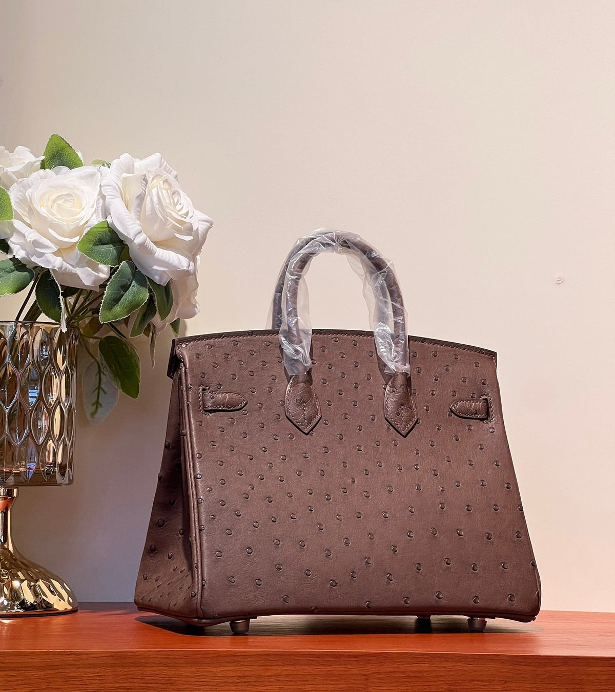 KELLY SELLIER 25 BAG IN PEACAN BROWN OSTRICH LEATHER WITH GOLD RHINSTONES (MADE - TO - ODER)