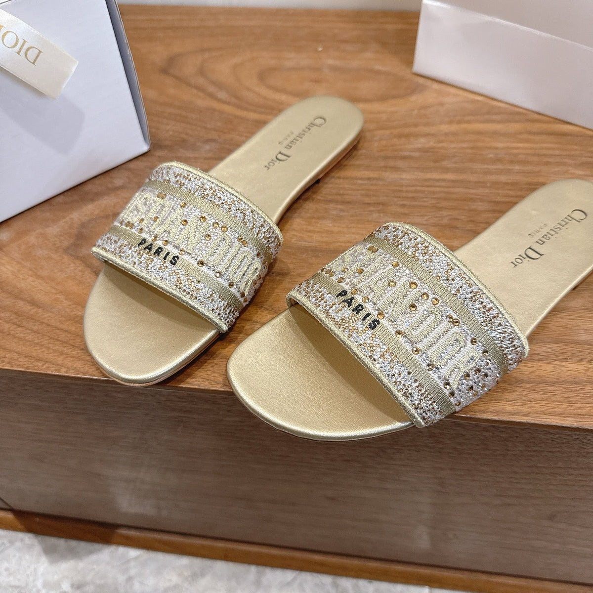 CD 26s Embroidered Sandals Gold Champage  Canvas Leather 685616