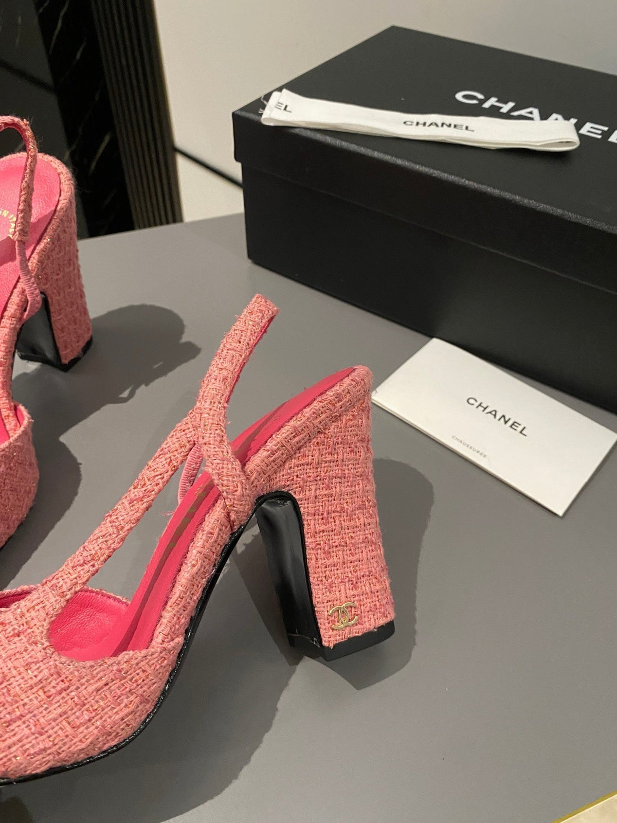 CC Slingback 95mm Pink Red Tweed Fabric