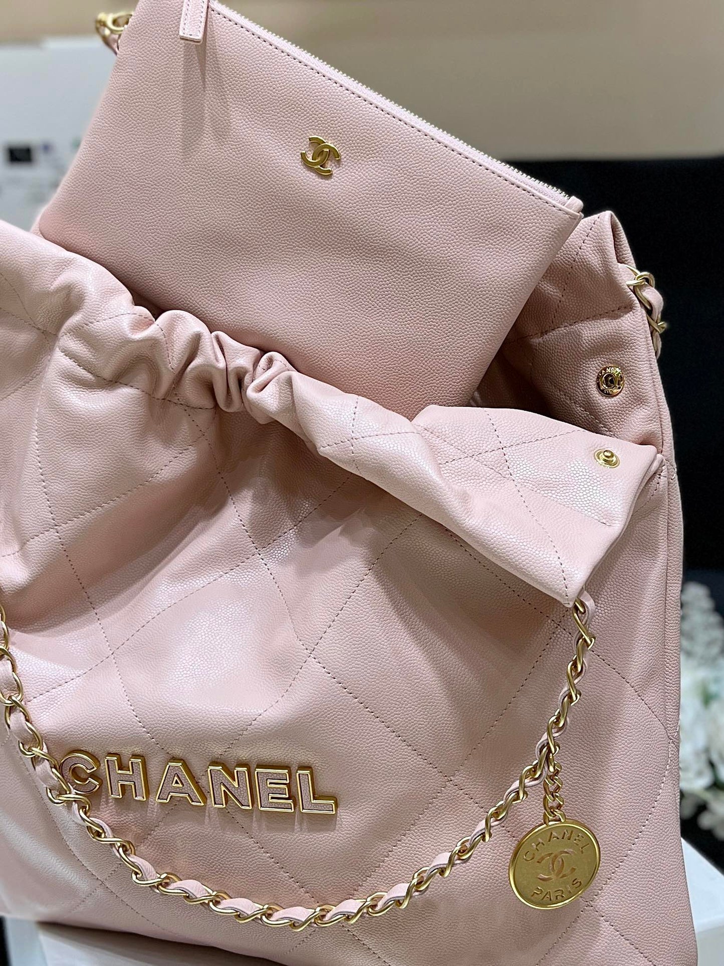 CC 24K Hobo 22 Bag Light Pink Grained Calfskin