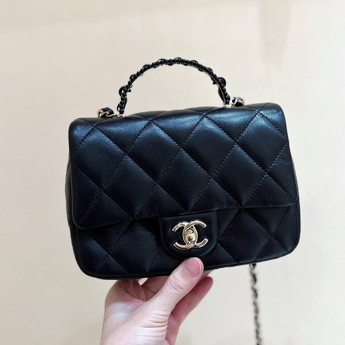 CC 25P Mini Top Handle Flap Bag Black Quited Lambskin 290150