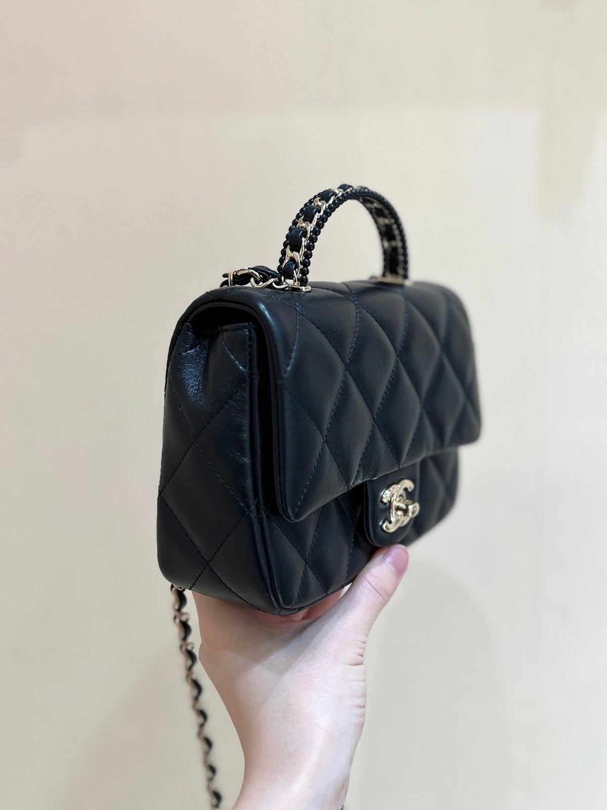 CC 25P Mini Top Handle Flap Bag Black Quited Lambskin 290150