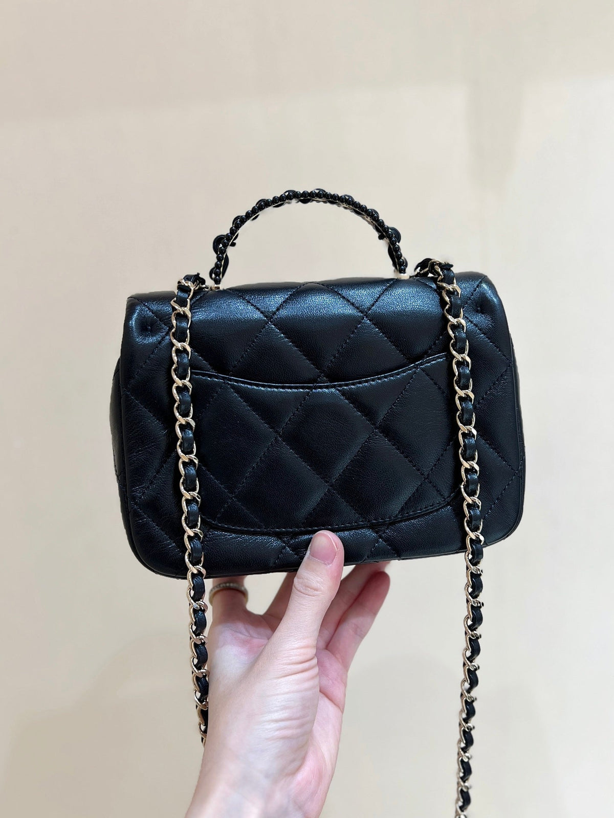 CC 25P Mini Top Handle Flap Bag Black Quited Lambskin 290150