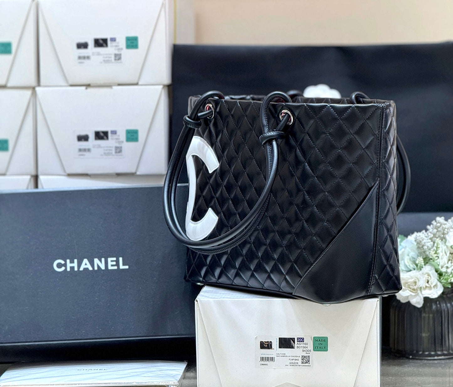 Chanel 25s Cambon Ligne Tote Bag 30cm In Black And White Calfskin