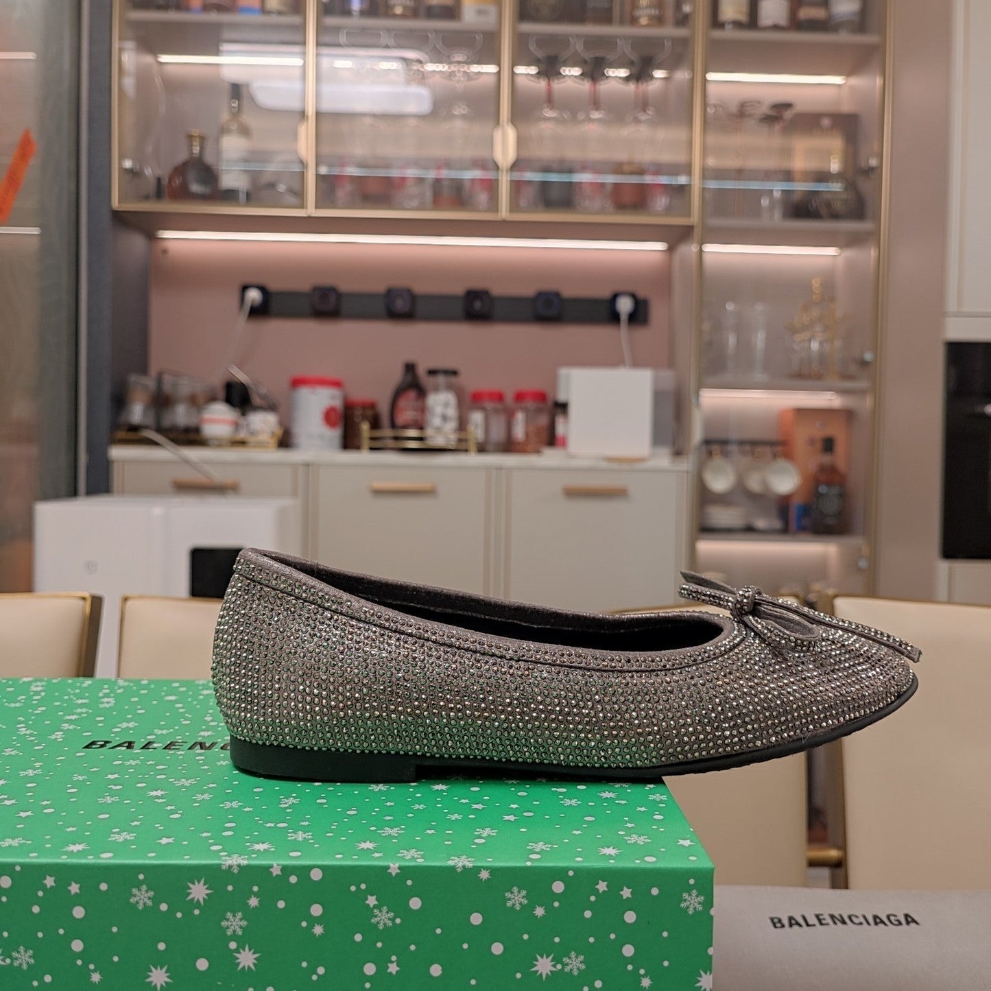 Balen 25 bow ballet flat attached rhinestones in grey calfskin 184484