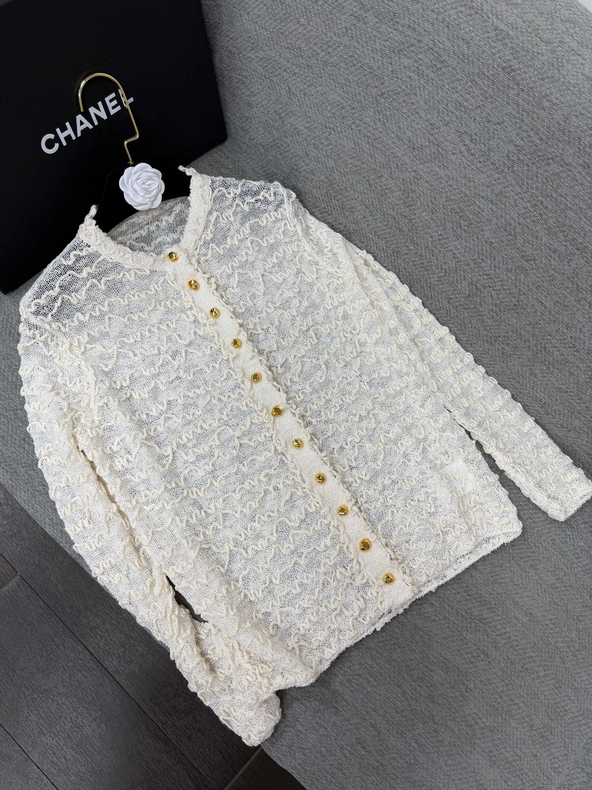 CC 26s Cardigan Textured Knit Pattern White Viscose Silk 414859