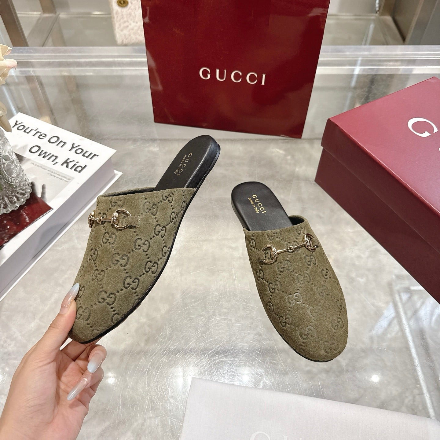 GG 26s Mule With Horsebit Olive Green Suede 664800