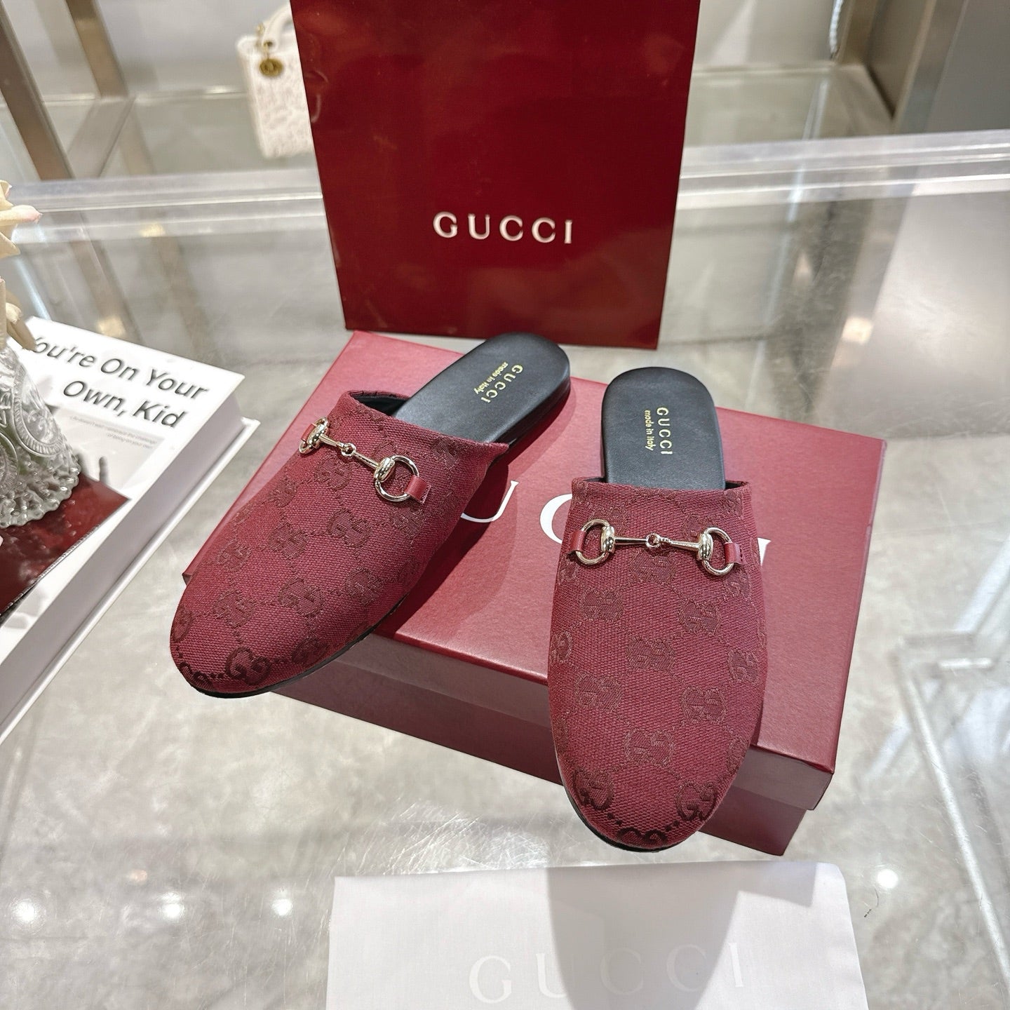 GG 26s Mule With Horsebit Burgundy Canvas 664805