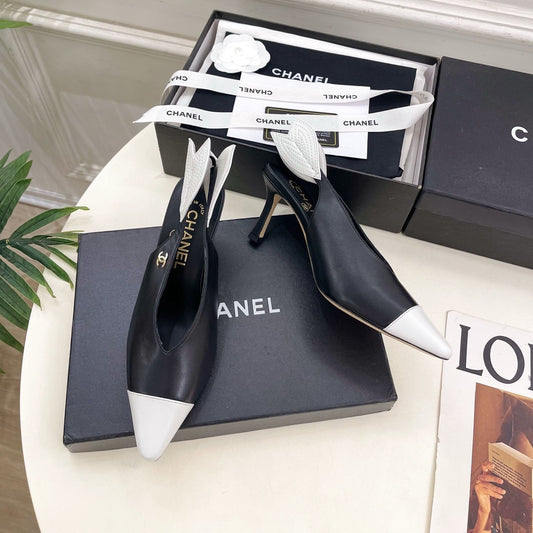 CC 26 SS Open-Back Sandals 7.5cm Black White Calfskin 586931