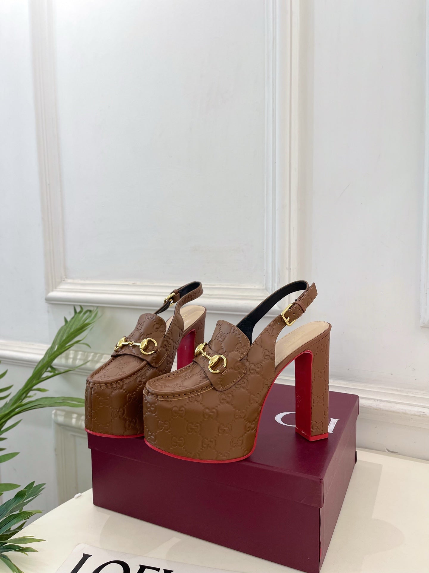 GG Horsebit Platform Loafer Slingback Brown Embossed Leather 640261