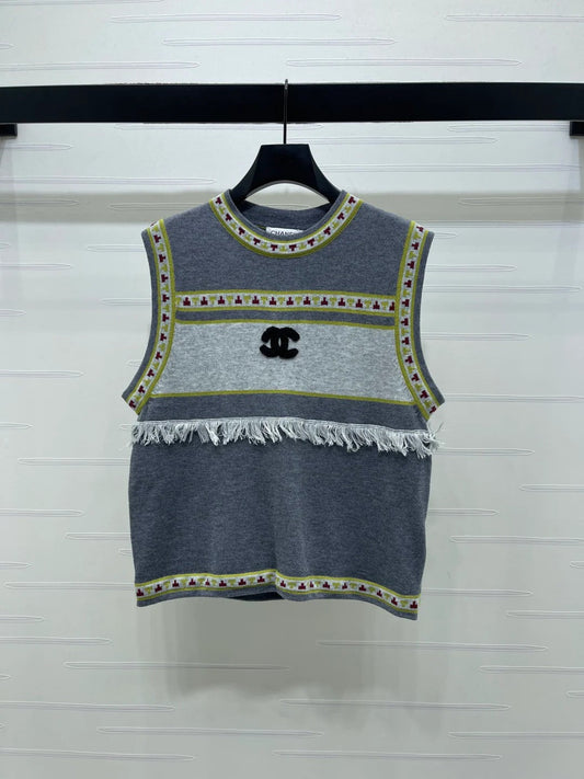 Chanel 2026 Crew Neck Knit Vest Grey and Brown Wool