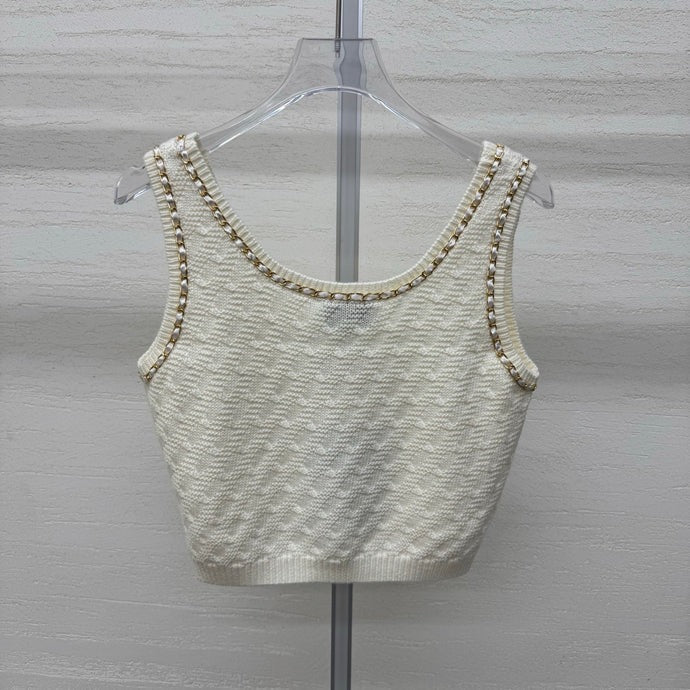 Chanel 2026 Sleeveless Knit Top Cream and Black Wool 356946