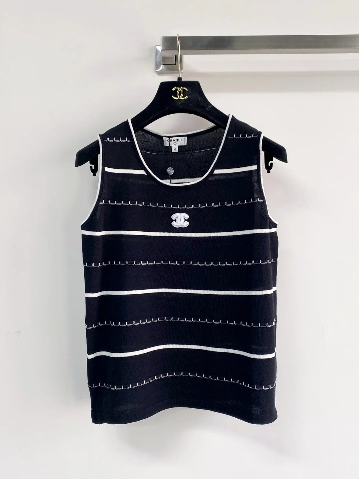 Chanel 2026 Black And White Striped Knit Tank Top Wool Cashmere
