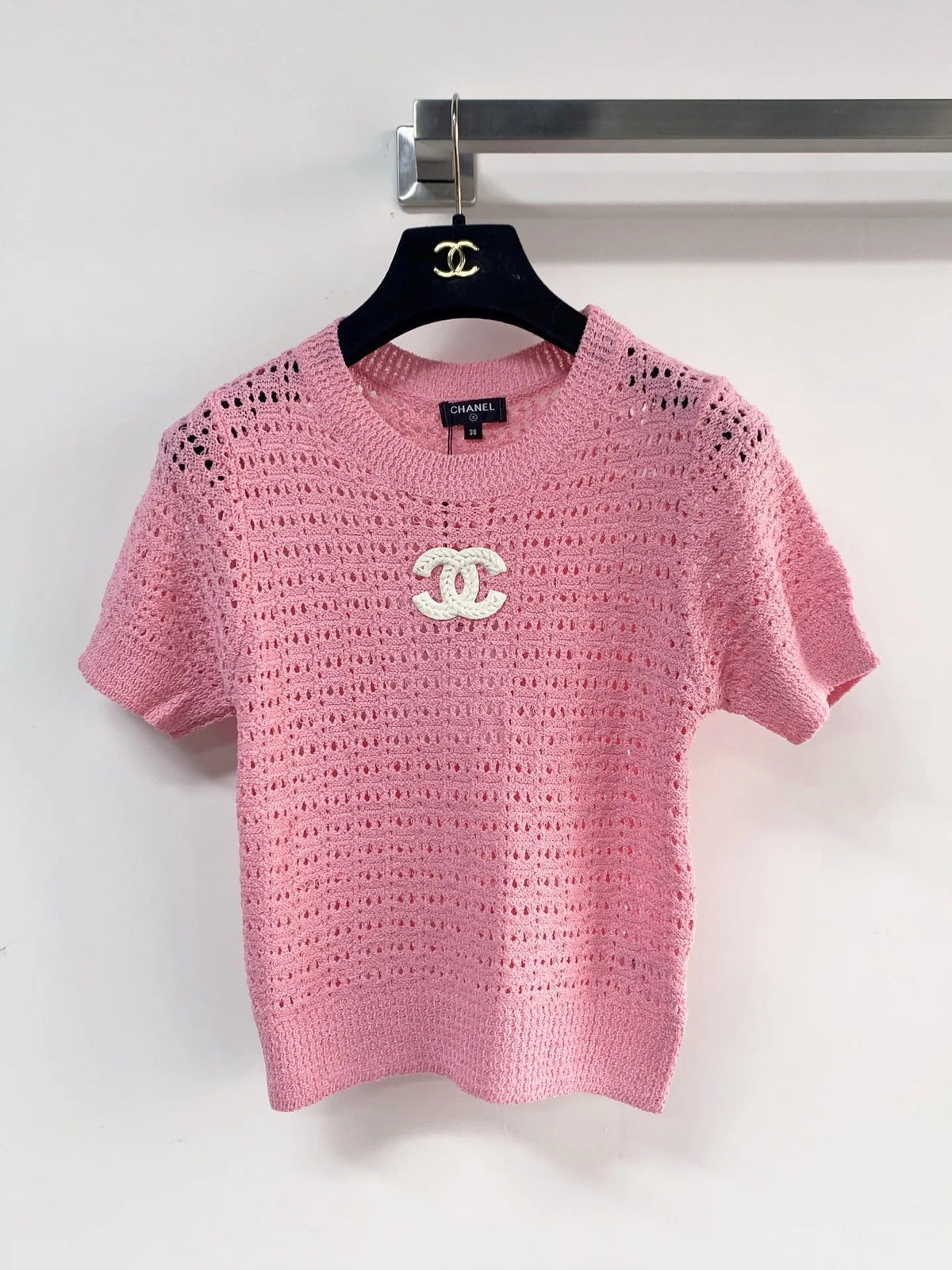 Chanel 2026 Hollow Short-Sleeve Shirt Pink Black White Wool Cashmere