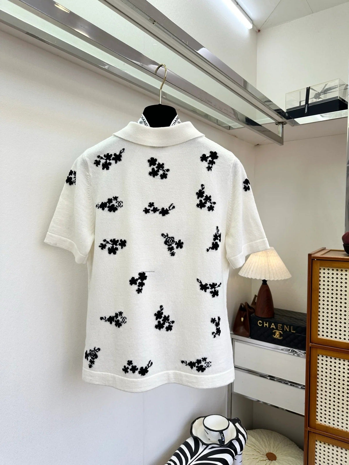 Chanel 2026 Floral Print Polo Shirt Black and White Cotton