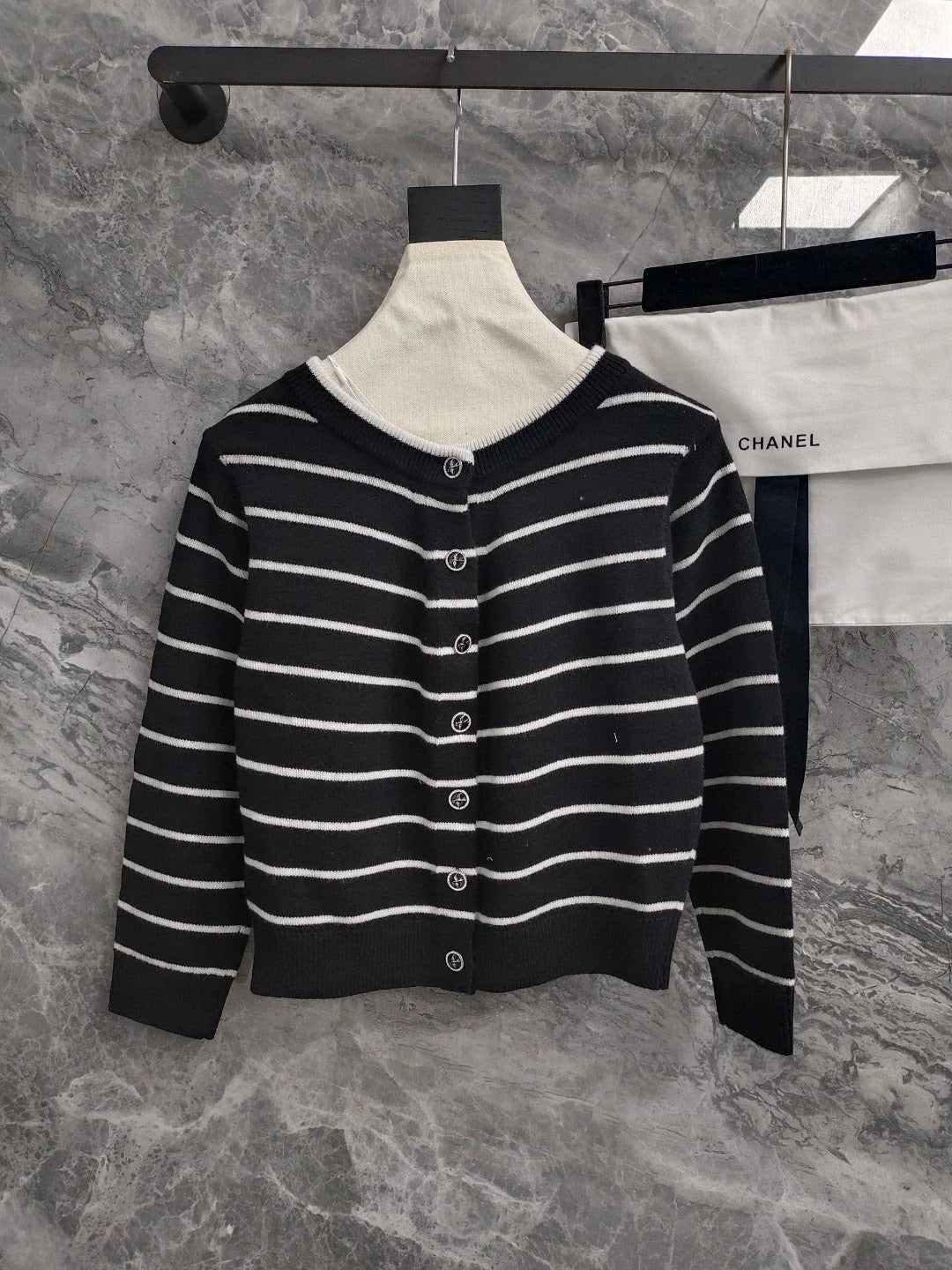 CC NAUTICAL CARDIGAN IN BLACK AND WHITE COTTON KNIT WITH STRIPED DESIGN WITH CC BUTTONS