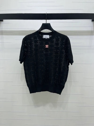 Chanel 2026 Floral Pattern Knit Short-Sleeve T-Shirt Wool 355636