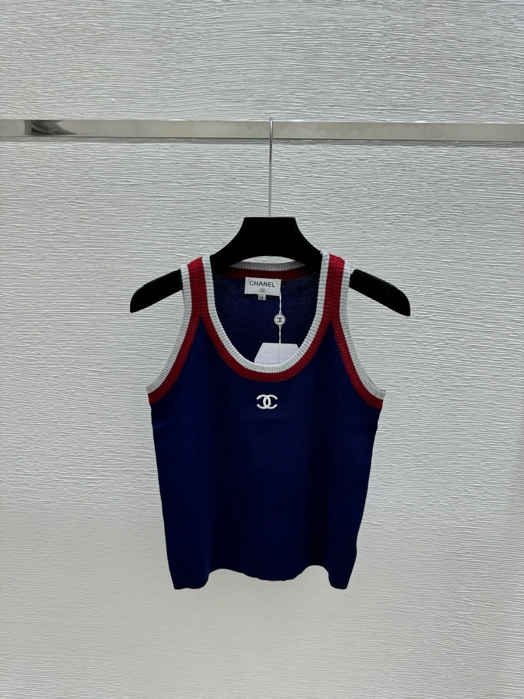 Chanel 2026 Tank Top White and Navy Blue Wool Nylon