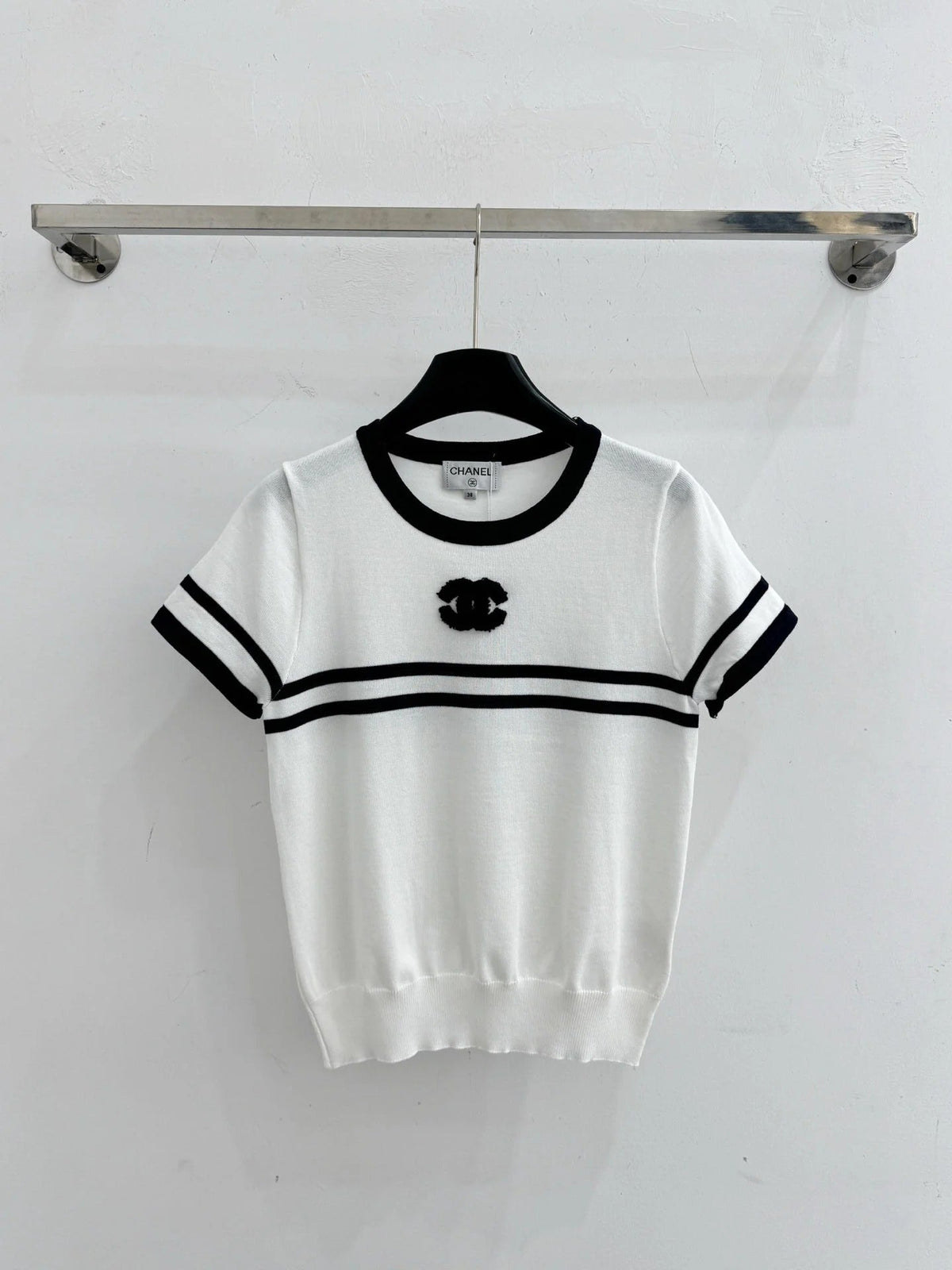 Chanel 2026 Striped Short-Sleeve Knit Top Wool Cashmere 516694