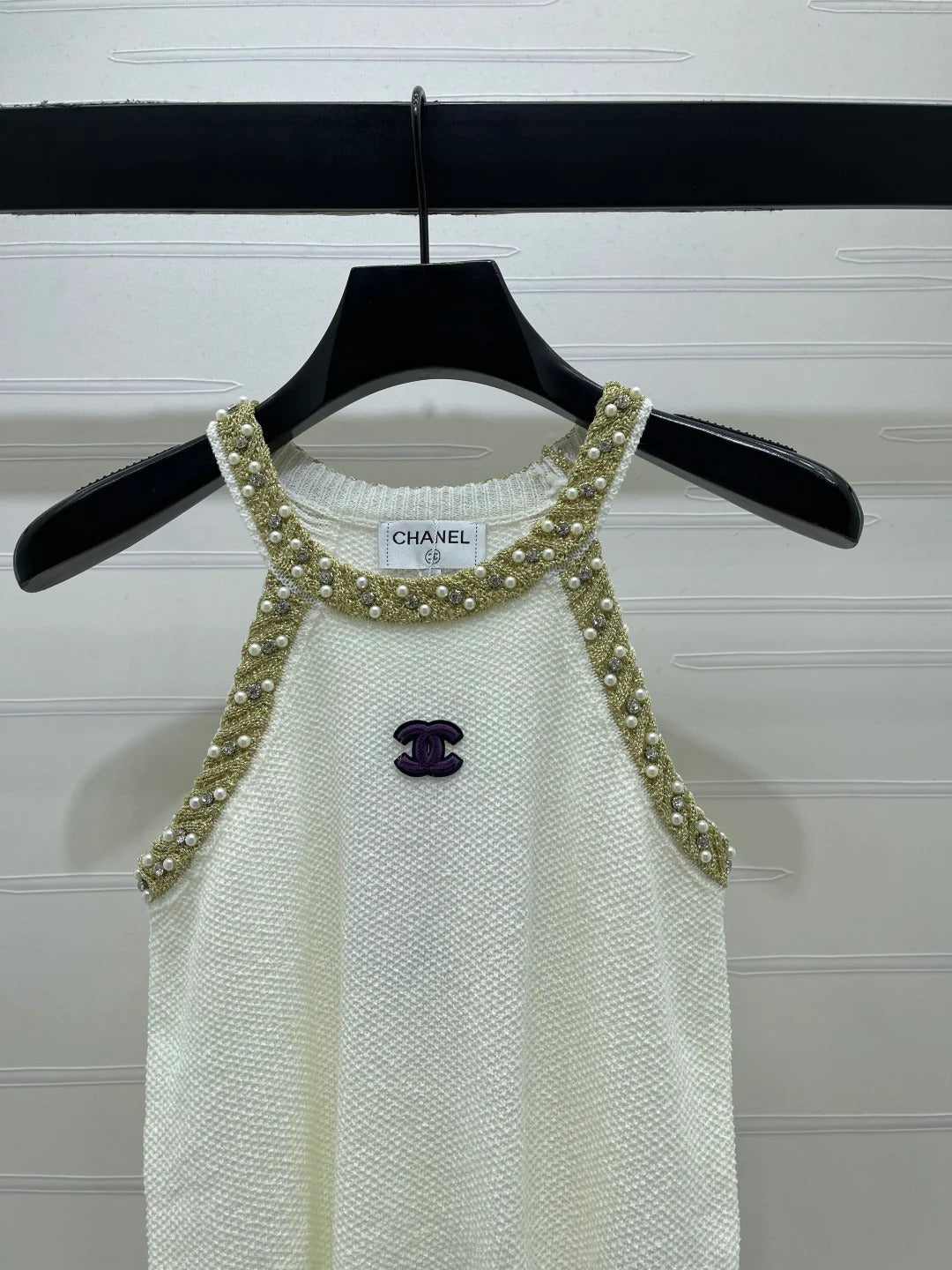 Chanel 2026 Halter-neck Knit Top White and Black Wool Acrylic