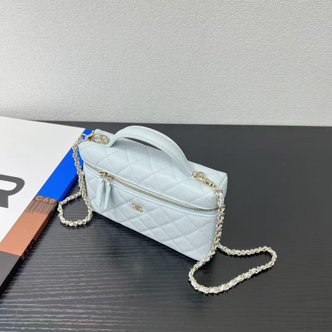 Chanel Top Handle Vanity With Chain Light Blue Caviar Leather