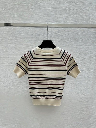 Chanel 2026 Short-sleeve Sweater Cream and Navy Blue Wool Polyester