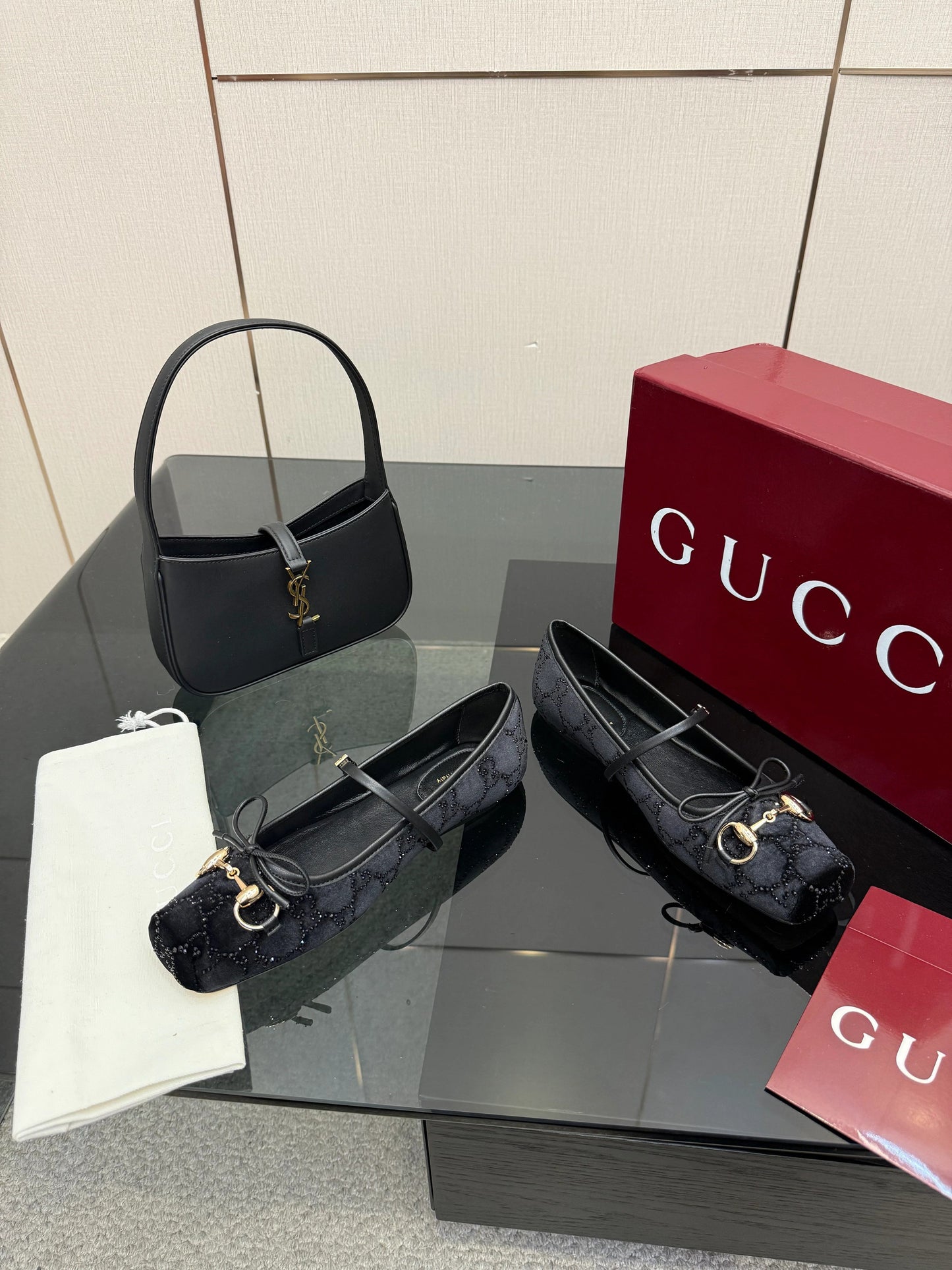 Gucci 2026 Crystal Rhinestone Ballet Flat Black Velvet Leather 629715