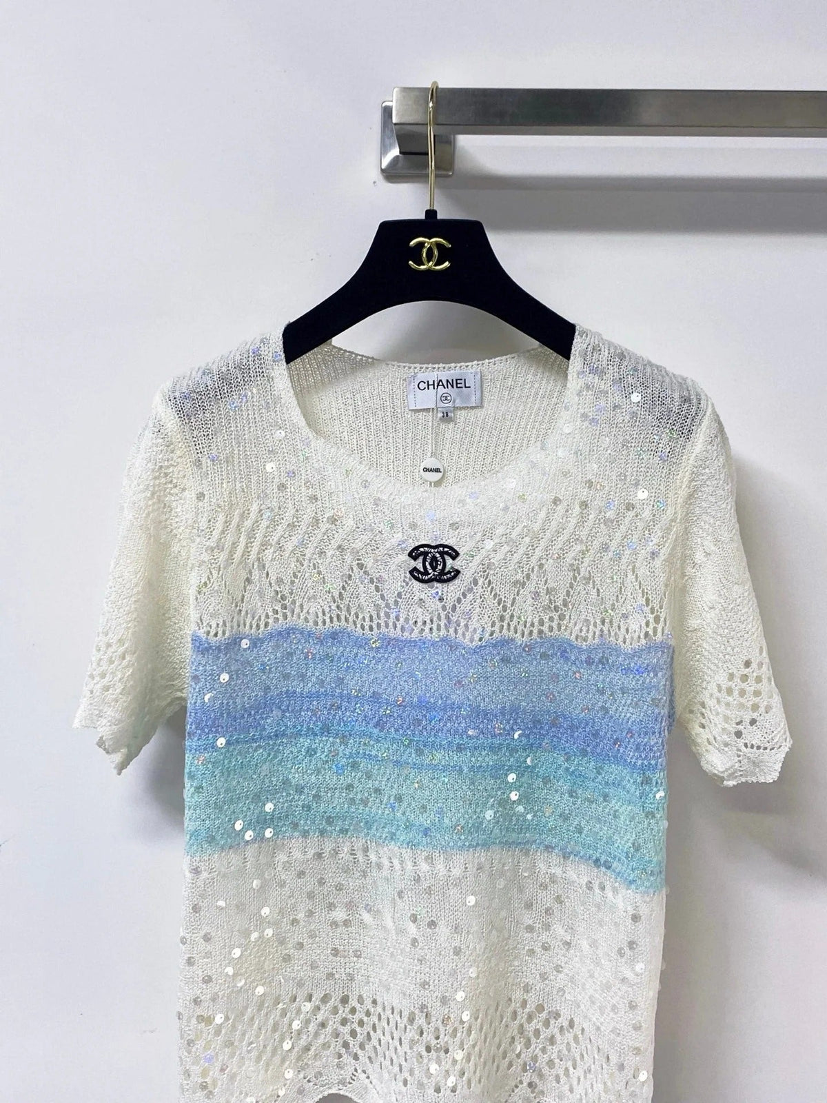 Chanel 2026 Short-Sleeved Shirt Blue White Wool 479938