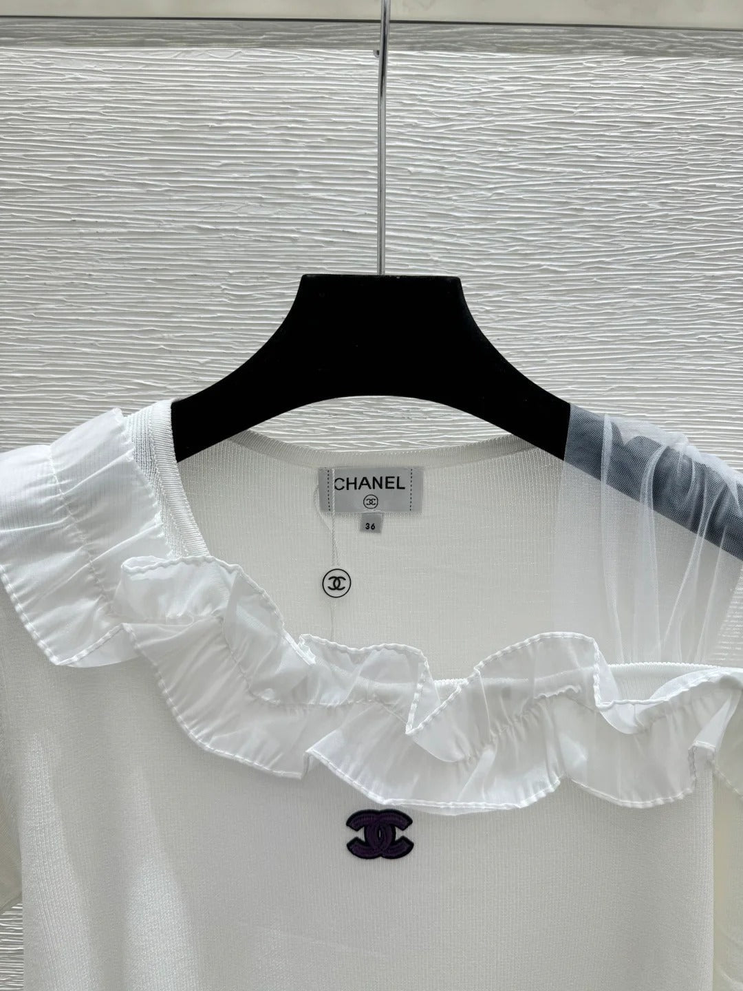 Chanel 2026 Ruffled Neckline Knit Top Black White Wool Nylon