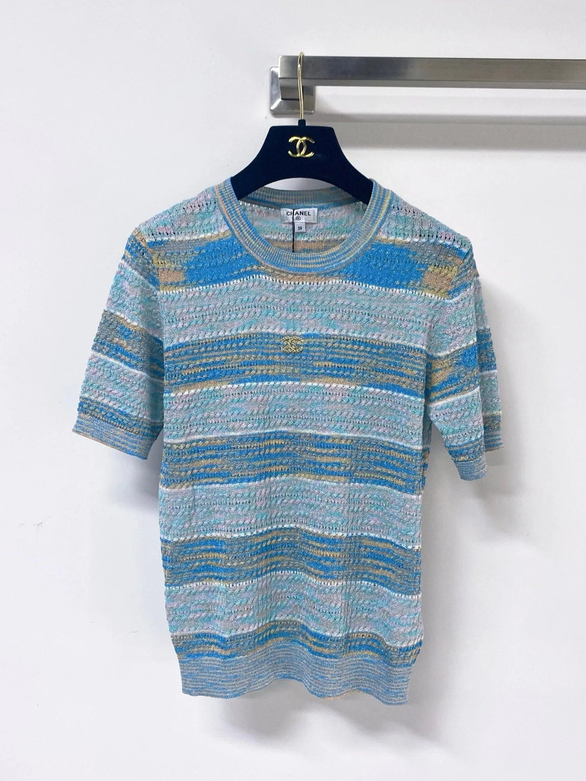 Chanel 2026 Striped Knit Short-Sleeve Sweater Wool 435128