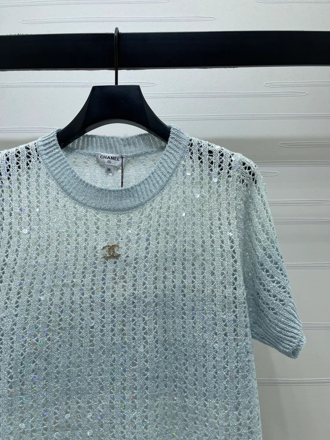 Chanel 2026 Short-sleeve Openwork Knit Sweater Blue and Pink Wool Polyester