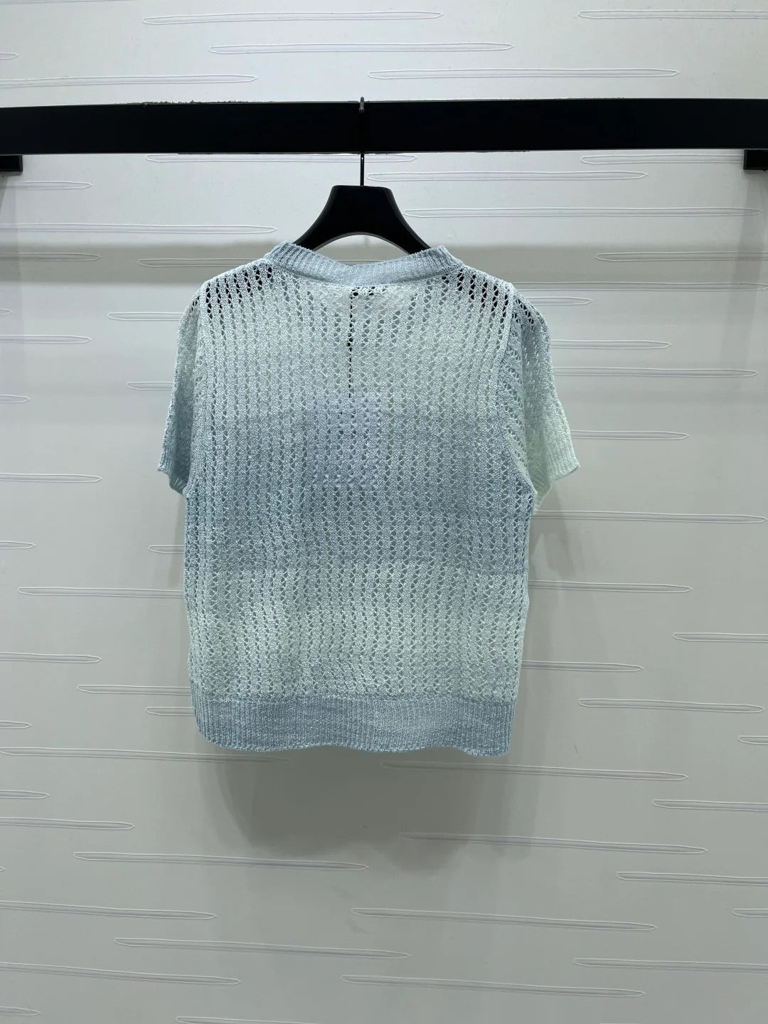 Chanel 2026 Short-sleeve Openwork Knit Sweater Blue and Pink Wool Polyester