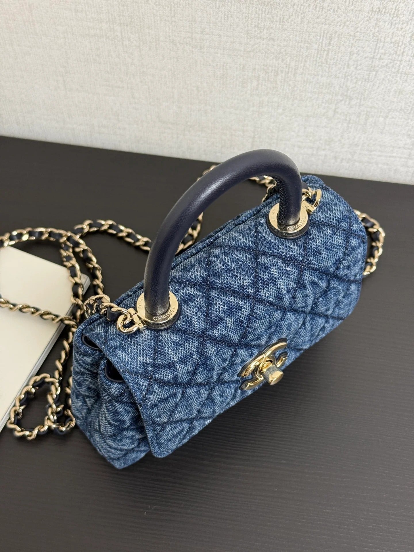 Chanel 2026 Clutch Bag With Strap Blue Black Denim Leather