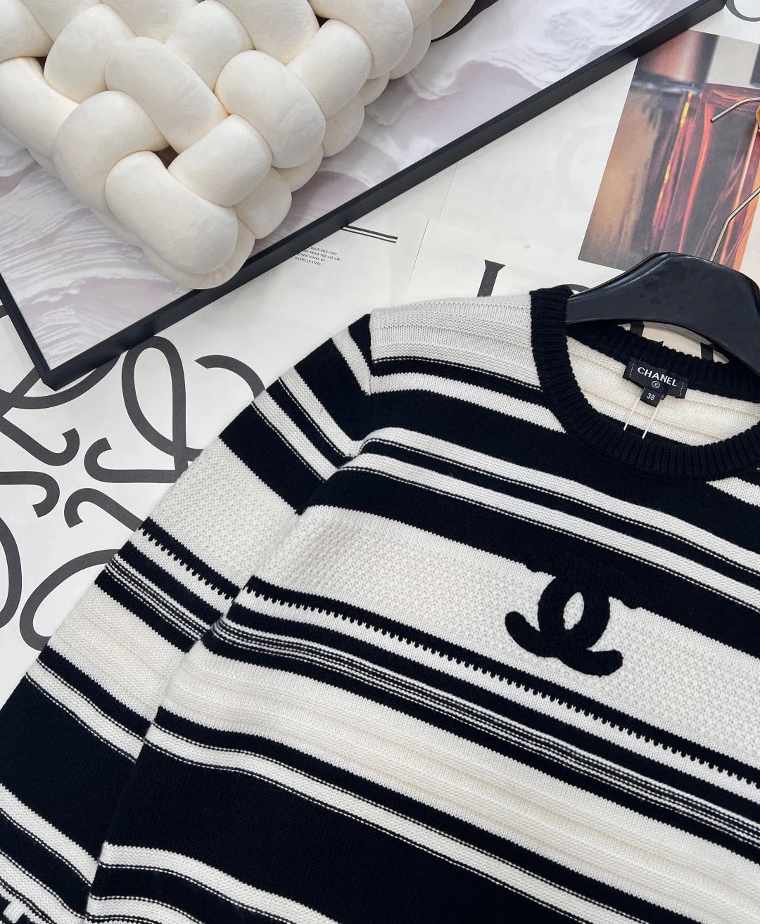 CC 26 Striped Plush Letter Knit Sweater Black White Wool 785169