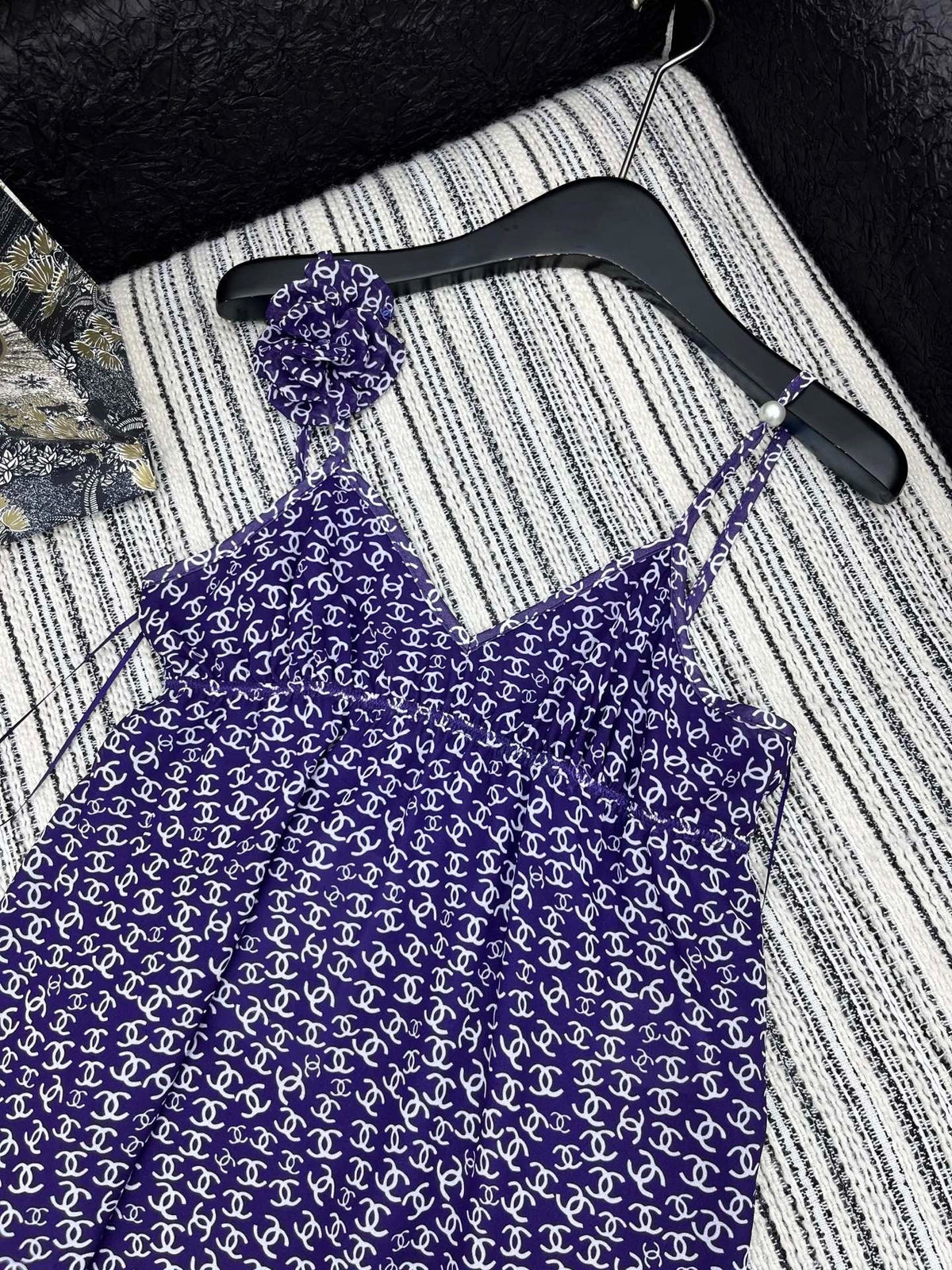 CHANEL DARK PURPLE SILK CAMELLIA DRESS WITH PEARL DETAILS
