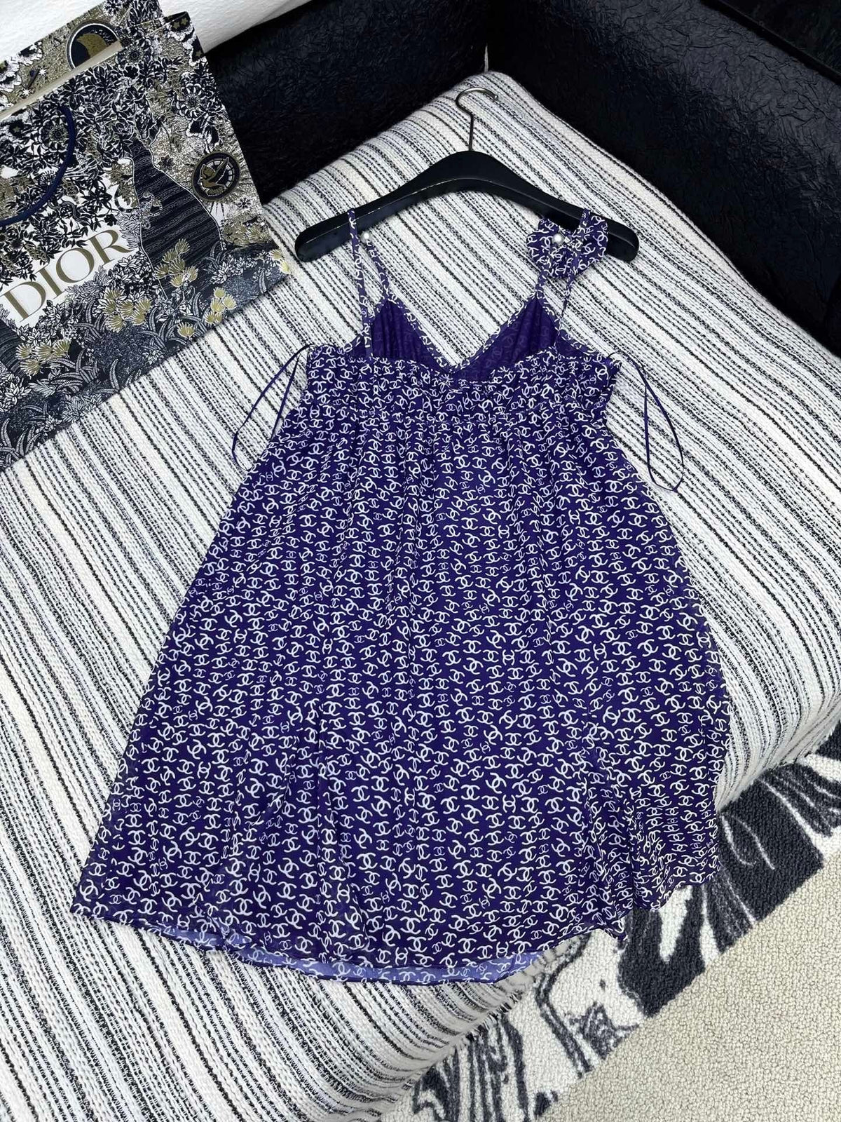 CHANEL DARK PURPLE SILK CAMELLIA DRESS WITH PEARL DETAILS