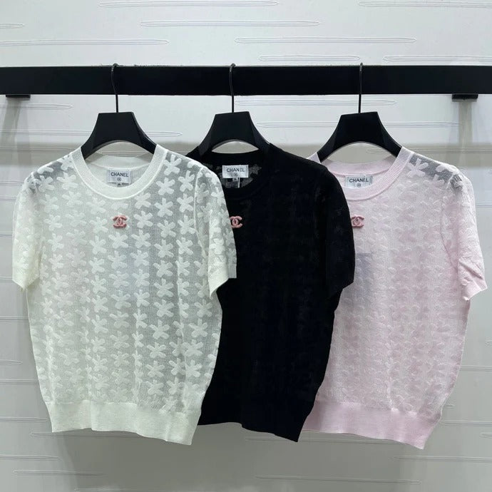 Chanel 2026 Floral Pattern Knit Short-Sleeve T-Shirt Wool 355636