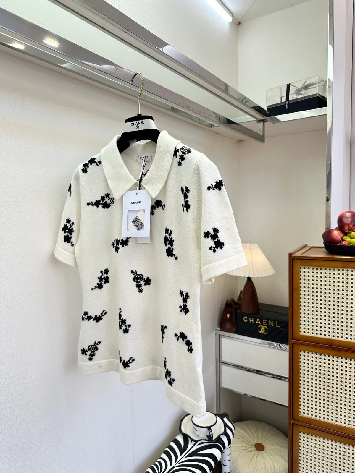 Chanel 2026 Floral Print Polo Shirt Black and White Cotton