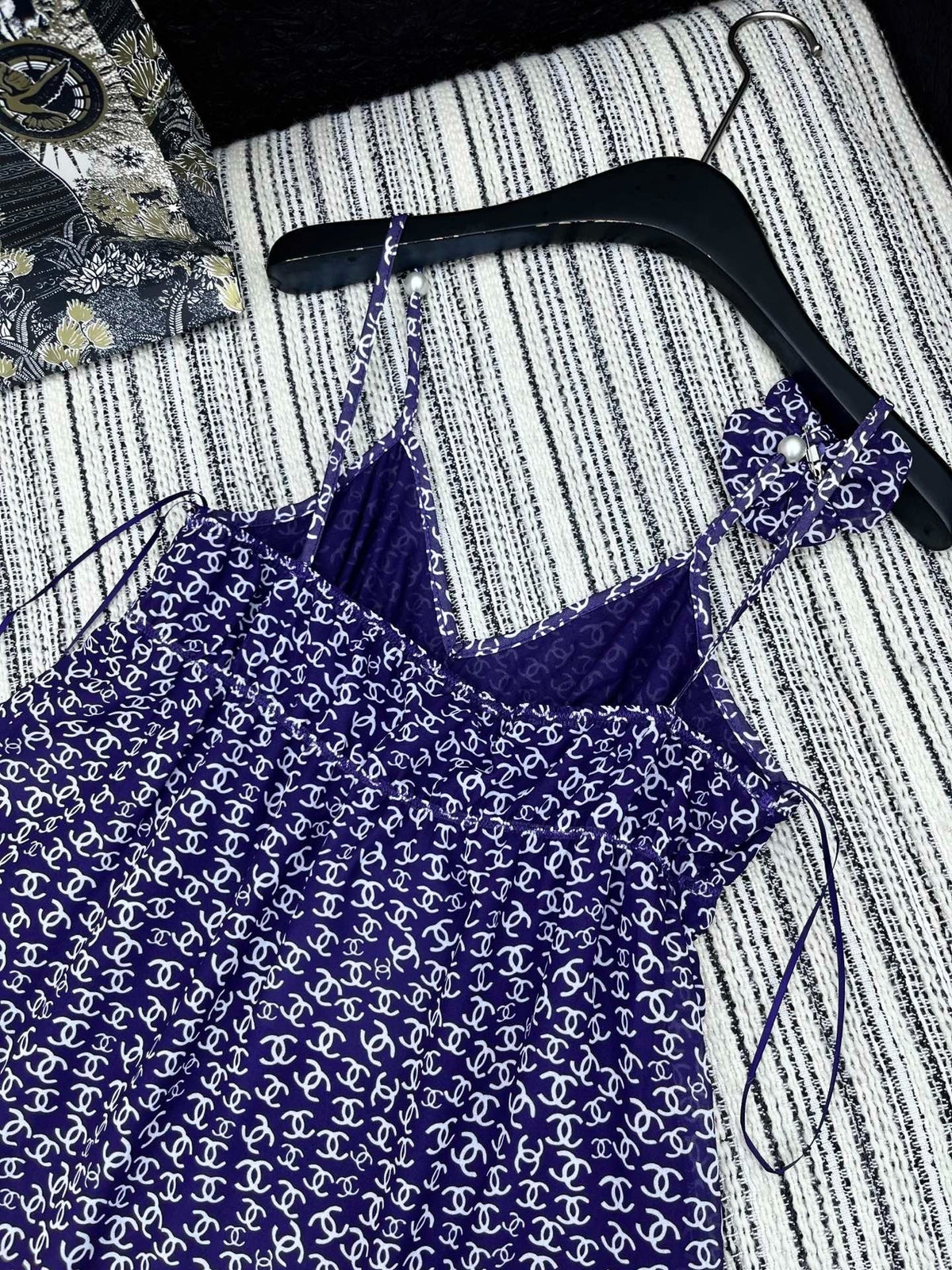 CHANEL DARK PURPLE SILK CAMELLIA DRESS WITH PEARL DETAILS