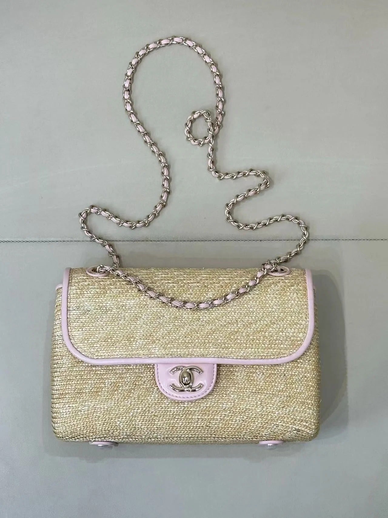 CC 2026 Flap Bag 23cm Beige Raffia And Lambskin