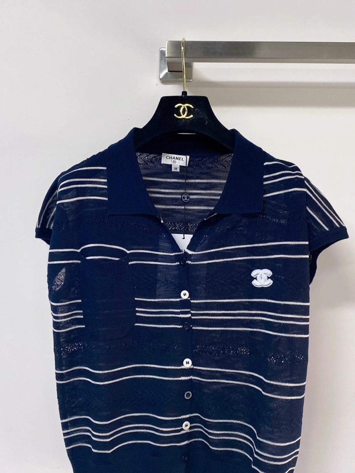 Chanel 2026 Polo Knit Top Navy Flax Lelin With CC Logo 463554
