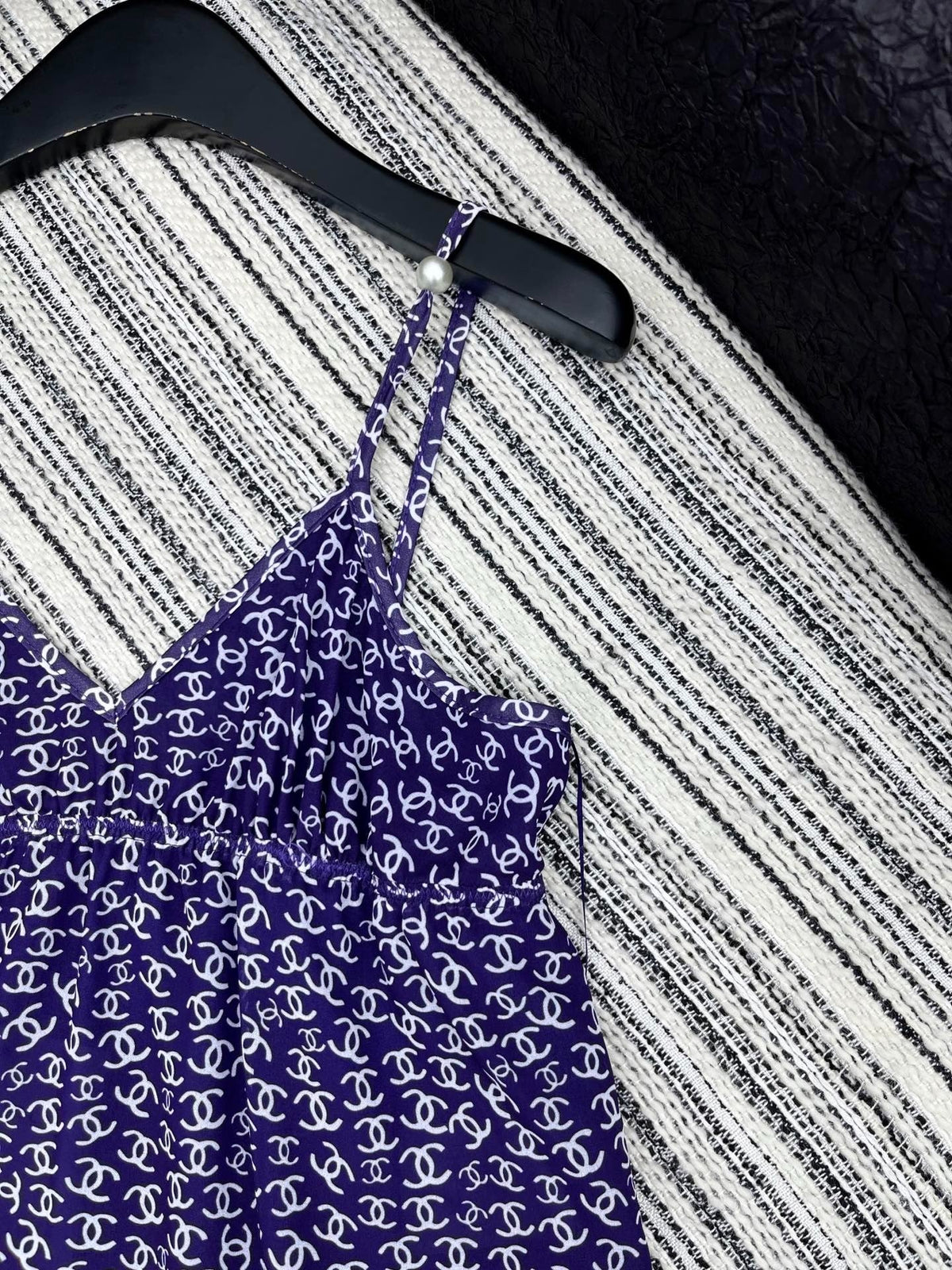 CHANEL DARK PURPLE SILK CAMELLIA DRESS WITH PEARL DETAILS