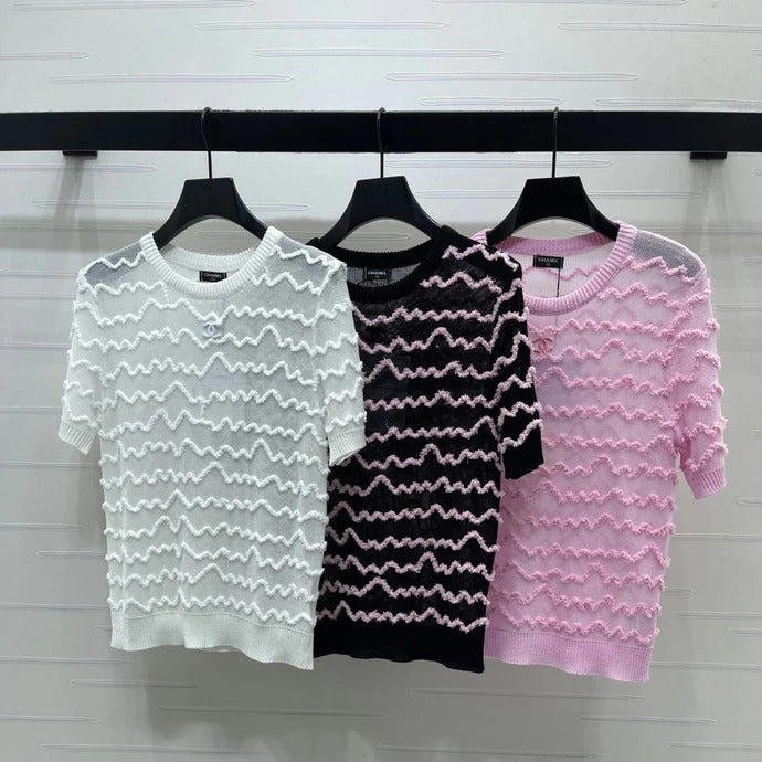 Chanel 2026 Short-sleeved Top Black White Pink Tencel 356435